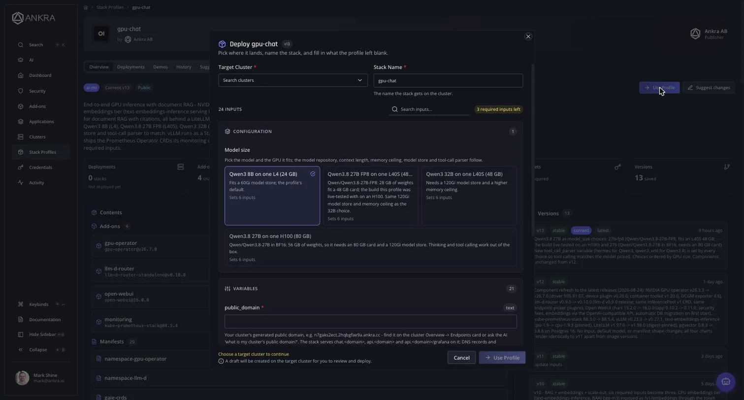 The deploy form for the gpu-chat profile: pick a target cluster, choose a model size card, and fill in the three required inputs